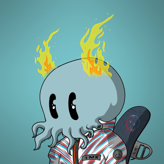 A digital illustration of a light blue octopus-like creature with flames rising from its head, wearing a striped outfit with 'INK' visible and holding what appears to be a paddle.