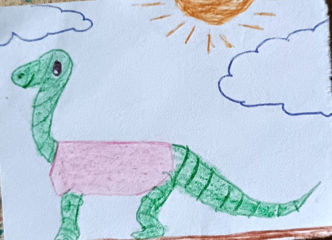 A child's drawing depicts a green dinosaur wearing a pink shirt standing under a bright orange sun with clouds in a blue sky. The whimsical illustration corresponds to the title "Sunny Dino," one of the 5 editions of an NFT token on the Tezos (xtz) blockchain marketplace.