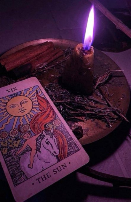 A tarot card labeled "XIX THE SUN" rests on a ritualistic platter alongside a lit purple candle, dried herbs, and cinnamon sticks. The image uses mystical and spiritual imagery to visually reinforce the post's claims of a destined "great gain."