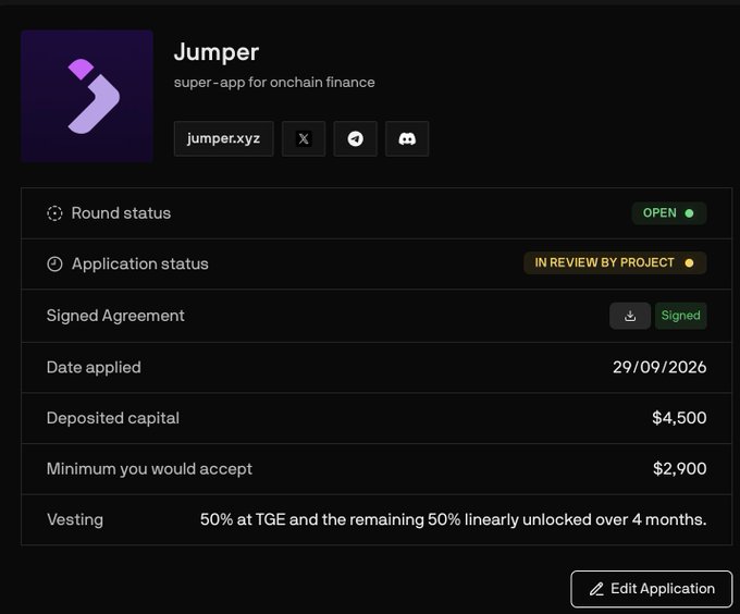 The image shows a Legion platform application page for Jumper (jumper.xyz), a "super-app for onchain finance," with an OPEN round status and a deposited capital of $4,500 (minimum accepted: $2,900), a signed agreement, and a vesting schedule of 50% at TGE with the remainder linearly unlocked over 4 months. This visual confirms the poster's participation in the $JUMPER token sale on Legion.