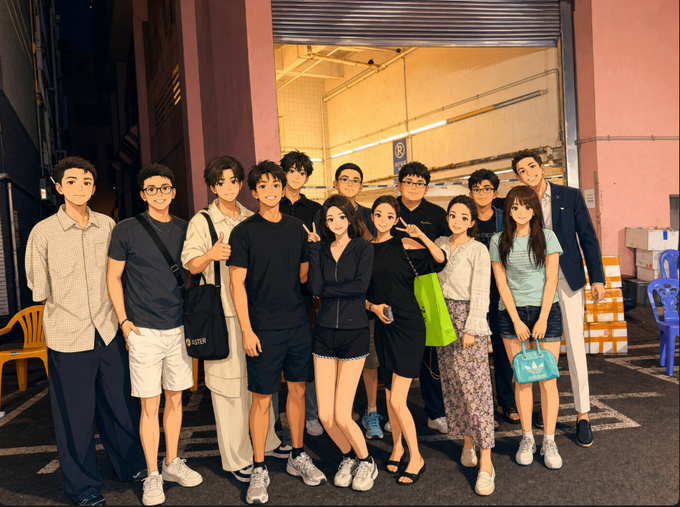 A group of about a dozen people pose together for a photo outside what appears to be a venue entrance, smiling and flashing peace signs for the camera. The image relates to the post by showing the friendly, approachable gathering at Aster's private dinner, where the CEO Leonard was found to be warm and down-to-earth rather than aloof.