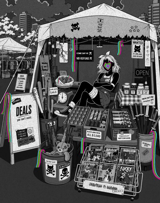 A black and white anime-style illustration of a market stall labeled 'DEALS' with signs reading 'NO REFUND', 'WANTED', and 'SLICE AND DICE ALL $3.500', selling various weapons and manga.