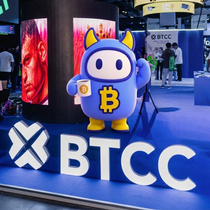 A purple mascot character wearing a Bitcoin symbol and crown, holding a Bitcoin mug at the BTCC booth at a crypto conference.