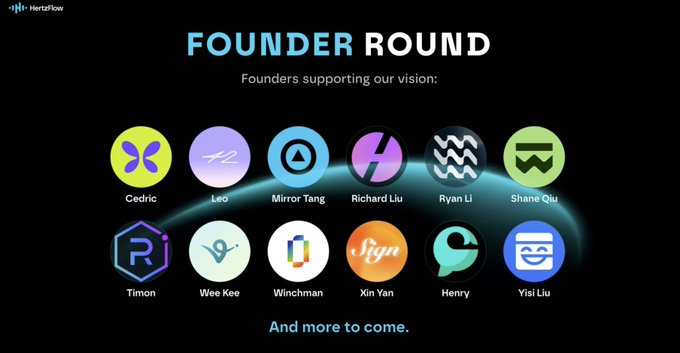 A HertzFlow 'FOUNDER ROUND' page displaying avatars of founders supporting the project, including Cedric, Leo, Mirror Tang, Richard Liu, Ryan Li, Shane Qiu, Timon, Wee Kee, Winchman, Xin Yan, Henry, and Yisi Liu.