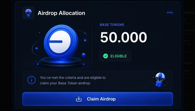 A digital interface showing an 'Airdrop Allocation' screen displaying '50.000 BASE TOKENS' with an 'ELIGIBLE' status and a 'Claim Airdrop' button on a dark blue background.
