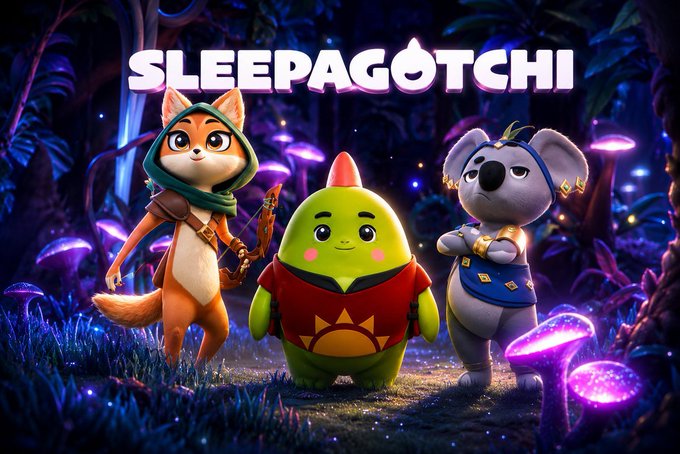 Three cute animated characters—a fox archer, a green blob in a red tunic, and a koala in royal attire—stand in a magical glowing forest beneath the "SLEEPAGOTCHI" logo, symbolizing whimsical sleep companions that make prioritizing rest as engaging as chasing the latest tech upgrade.