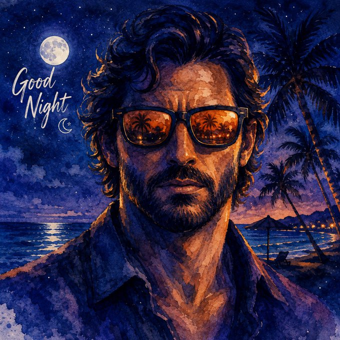 An illustrated 'Good Night' image depicting a bearded man wearing sunglasses that reflect palm trees at sunset, set against a nighttime beach scene with a full moon, palm trees, and ocean.