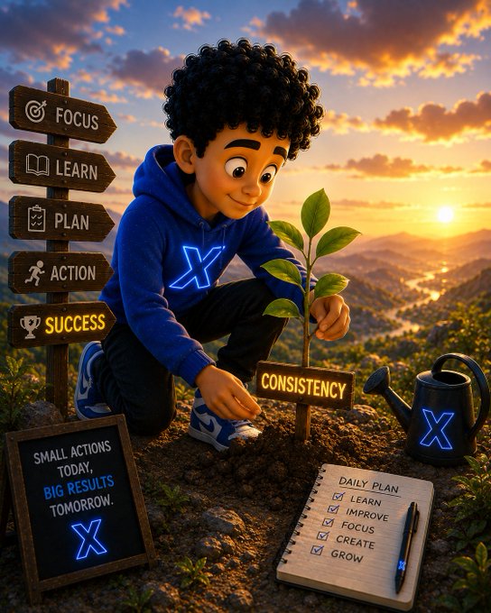 A young boy in a blue "X" hoodie tends to a sapling labeled "CONSISTENCY" at sunset, alongside a signpost reading "FOCUS, LEARN, PLAN, ACTION, SUCCESS," a watering can marked "X," and a chalkboard stating "SMALL ACTIONS TODAY, BIG RESULTS TOMORROW." The scene visually embodies the post's message of nurturing progress through daily discipline, illustrating how consistent small efforts grow into future achievement.