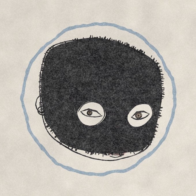 An artistic sketch of a dark, fuzzy, roughly circular creature with two eyes, surrounded by a loose blue watercolor-like circle on a beige background.