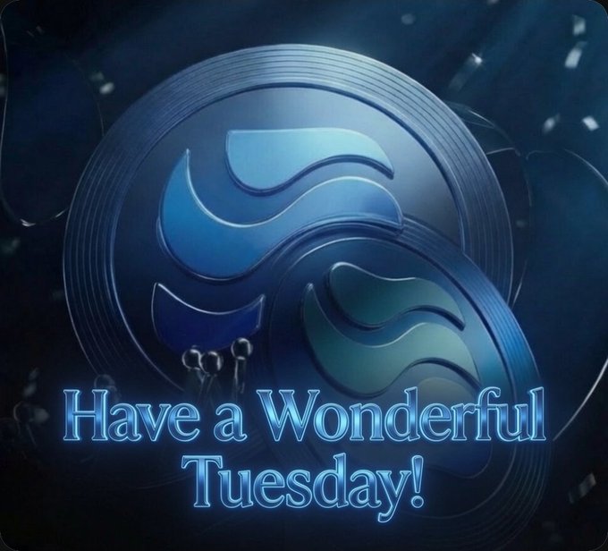 A dark blue graphic with overlapping circular coin-like designs featuring water/wave motifs displays the glowing text "Have a Wonderful Tuesday!" The image visually reinforces the post's uplifting Tuesday message with its cool, calming blue tones and flowing water symbols, complementing the $RIVER token promotion tagged in the caption.