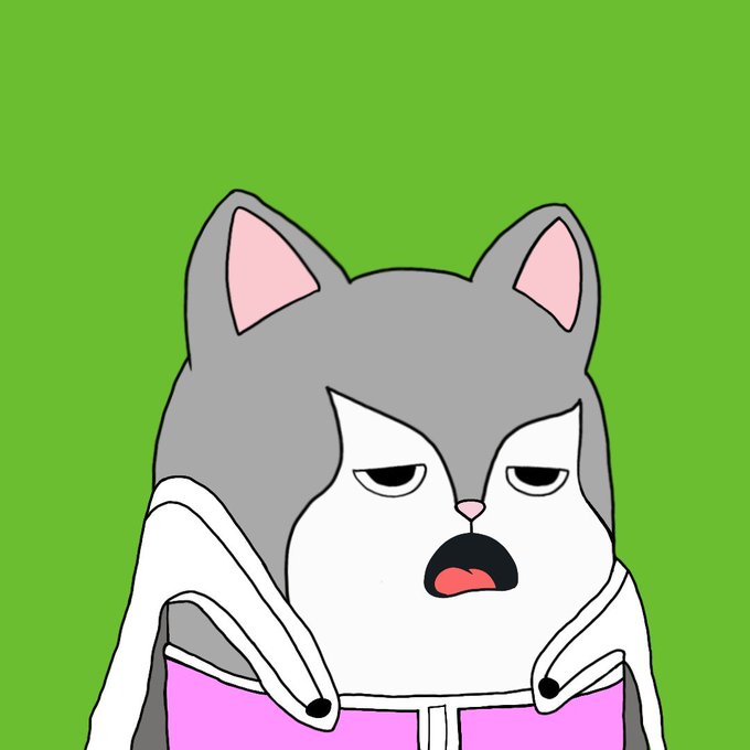 A close-up illustration of a gray and white husky-like cat character with a grumpy expression, wearing a pink and white hoodie against a green background.