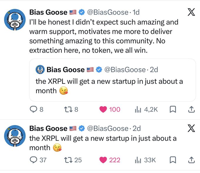 The image shows a tweet thread from Bias Goose (@BiasGoose) announcing that "the XRPL will get a new startup in just about a month 😘," with the follow-up tweet expressing gratitude for the warm community support received. The posts show strong engagement with 4.2K and 33K views, 222 likes, and 37 replies on the original announcement, illustrating the XRP community's enthusiastic backing that aligns with the post's message about building on XRP.