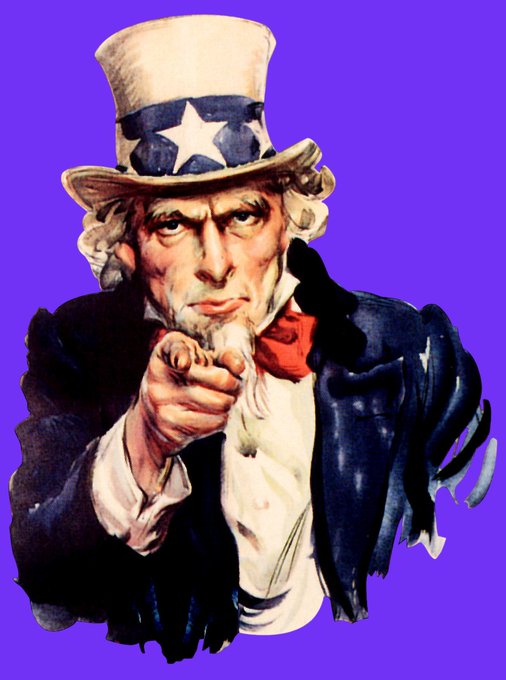 A vintage illustration of Uncle Sam pointing directly at the viewer, wearing his iconic star-spangled top hat and blue jacket against a solid purple background.