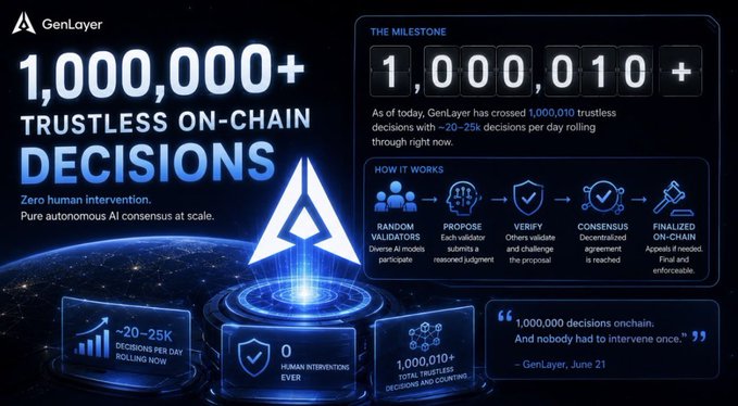 GenLayer infographic celebrating the milestone of surpassing 1,000,000+ trustless on-chain decisions, highlighting ~20-25K decisions per day, zero human interventions, and a 5-step process (Random Validators, Propose, Verify, Consensus, Finalized On-Chain).