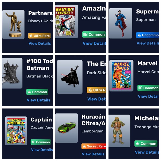A digital marketplace grid displaying collectible items with rarity tags including Partners (Ultra Rare), Amazing Fantasy (Common), Superman (Uncommon), #100 Todd Batman (Common), The Empire Strikes Back Darth Vader (Ultra Rare), Marvel Comics (Common), Captain America (Common), Huracán Citrea Lamborghini (Secret Rare), and Michelangelo Teenage Mutant Ninja Turtle (Common), each with a 'View Details' link.