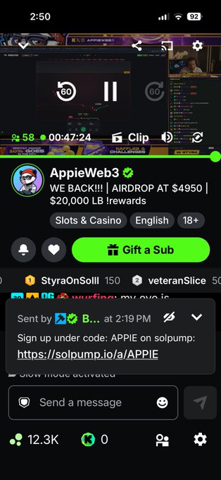 A Twitch stream screenshot showing a paused Apex Legends replay on channel "AppieWeb3" advertising a $4950 airdrop and $20,000 LB rewards, with a pinned chat message reading "Sign up under code: APPIE on solpump: https://solpump.io/a/APPIE".