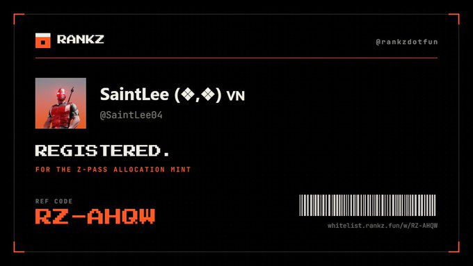 A user named "SaintLee" displays their successful registration confirmation for the Z-Pass Allocation Mint from @rankzdotfun, featuring their reference code "RZ-AHQW" and a whitelist link, matching the post's announcement about securing a spot in the limited 500-person mint.