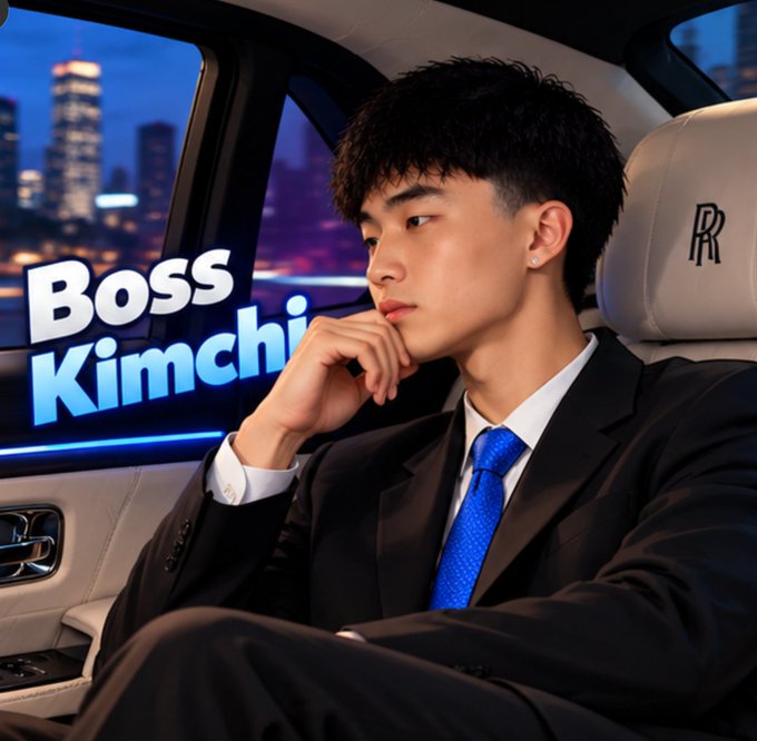 A young man in a black suit and blue tie sits in a luxury car at night, with a Rolls-Royce “RR” logo on the headrest. Large window text reads “Boss Kimchi,” matching the promotional post’s mention of “$sol,” “$kimchi,” and “@kimchi1x.”