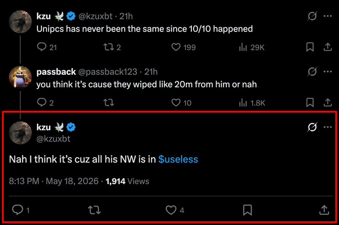 The image shows a Twitter post featuring four different text messages from various users named Kuzu. The first message reads "Nah I think it's curcuse", which is addressed towards Kuzu. The other three messages also discuss passing, wiping or USELESSness and contain references to Kuzu or the twitter account itself. It appears that there are some debates happening on Twitter about a certain topic related to Kuzu.
