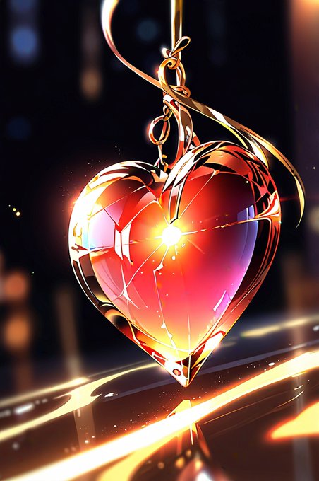 A digital illustration of a glowing red heart-shaped pendant suspended by golden chains, with bright light emitting from its center.