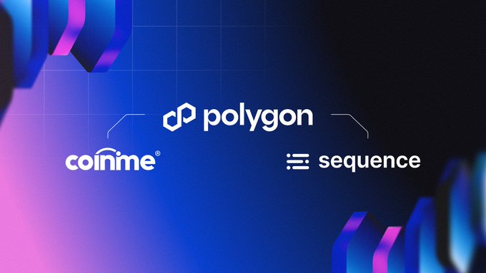 A promotional graphic on a blue and purple gradient background displays the logos for Polygon, coinme, and sequence.