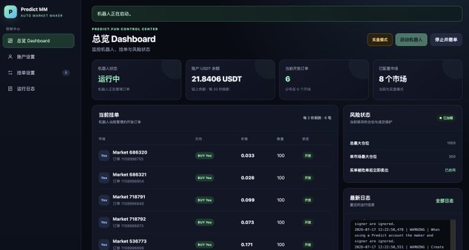 A 'Predict MM' Auto Market Maker dashboard in Chinese showing a total of 21.8406 USDT, 6 active markets, and 8 markets already resolved.