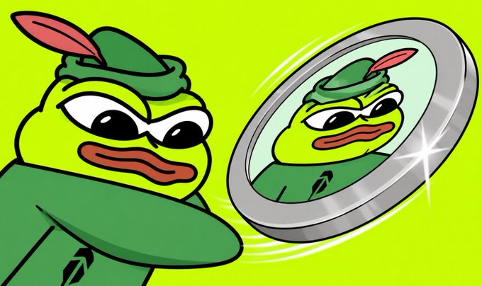 A cartoon frog wearing a green Robin Hood-style hat, looking at its reflection in a hand mirror.