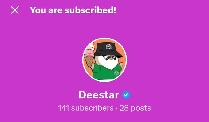 A pink subscription confirmation screen showing a profile named 'Deestar' with a verified checkmark, featuring a cartoon character avatar holding an ice cream cone, indicating 141 subscribers and 28 posts.