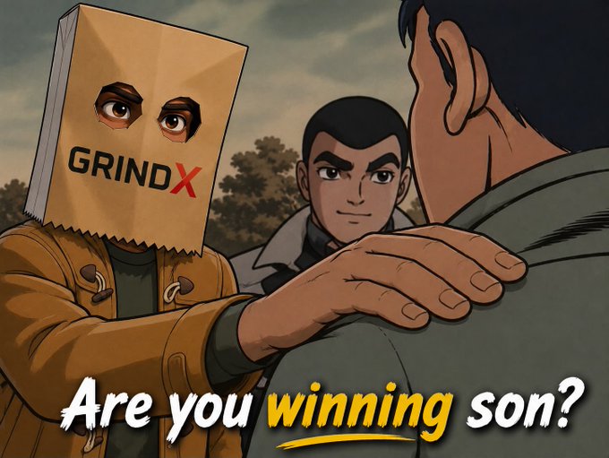 An anime-style meme showing a figure with a paper bag labeled 'GRINDX' over their head facing another character, with the caption 'Are you winning son?'