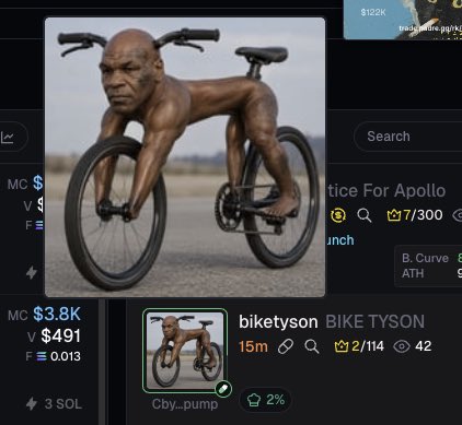 The image shows a humorous crypto trading interface displaying a meme coin called "BIKE TYSON" ($BIKETYSON) at $3.8K market cap, featuring an absurd photoshopped image of Mike Tyson's head on a muscular body riding a bicycle.

The caption satirizes the state of cryptocurrency 18 years after Satoshi Nakamoto's whitepaper by juxtaposing Bitcoin's original vision of a revolutionary peer-to-peer financial system with the chaotic reality of today's crypto market, where absurd meme coins like "Bike Tyson" trade for thousands of dollars on decentralized exchanges.