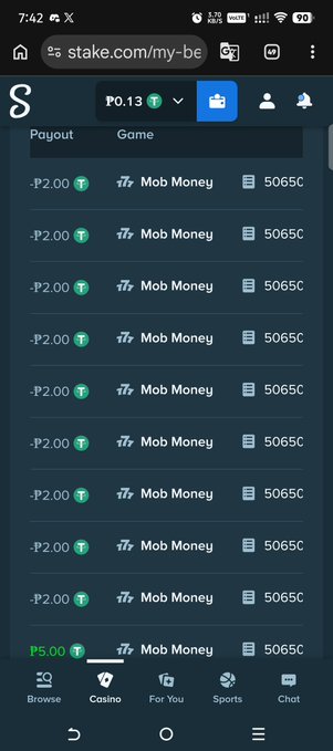 Mobile screenshot of stake.com showing a betting history list with multiple entries for a game called "Mob Money," each showing a payout of ₱2.00 and 5065¢.