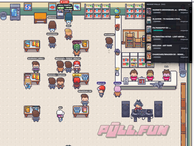 A pixel art video game scene showing a busy indoor gathering area with multiple characters, labeled 'PULL.FUN' in the corner, with a 'RECENT PULLS (100)' sidebar displaying gacha results including items like 'MARINE'S GRIMSGARL ex', 'GLACEON', and 'FA/MANAPHY EX'.