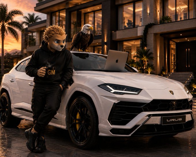 A masked figure in a "GM" hoodie leans against a white Lamborghini Urus with a bald eagle perched on the hood beside a MacBook, set against a luxurious modern home at sunset—visually reinforcing the post's "good morning, builders" theme of disciplined, high-value work creating lasting impact, like the quiet problem-solving being highlighted about @QuipNetwork.