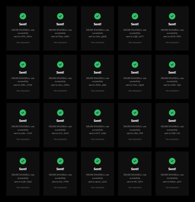 A grid of transaction confirmation screens, each showing 'Sent!' with green checkmarks for 500,000 $NUKEBULL transfers to various wallet addresses.