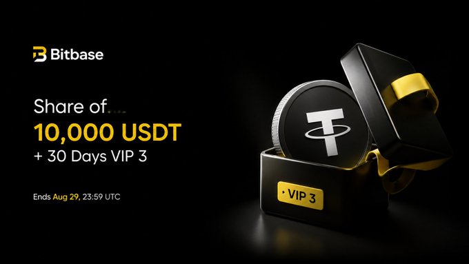 A Bitbase promotional banner advertising a 'Share of 10,000 USDT + 30 Days VIP 3' promotion ending Aug 29, 23:59 UTC, featuring a black and gold VIP container with a Tether (USDT) coin.