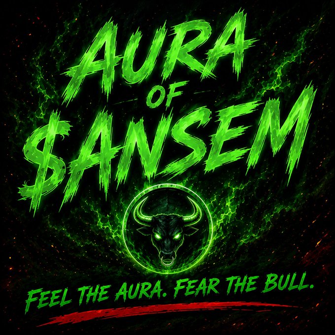 The image is a stylized "Aura of $ANSEM" graphic featuring bold green brushstroke text and a glowing bull emblem with the tagline "FEEL THE AURA. FEAR THE BULL." It serves as the promotional artwork for the Solana memecoin ticker $ANSEM (AiqxyM1VCBkNqsW6MigJb8CaSUj7TjQPv9sUZWTkpump), reinforcing the token's bullish, aura-charged branding.