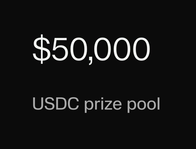 A black image showing "$50,000" with "USDC prize pool" written below.