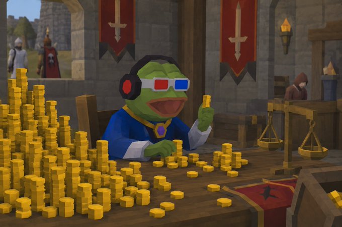 A 3D-rendered cartoon frog character wearing 3D glasses, headphones, and a blue and gold robe sits behind a large pile of gold coins in a medieval stone setting.