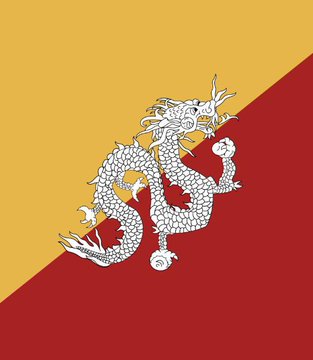 The flag of Bhutan featuring a white dragon on a yellow and orange-red diagonal background.