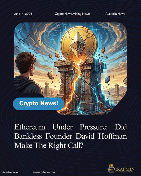 The image features a man standing next to a large, detailed illustration of a building with a coin on top. The caption below the image reads "Ethereum under pressure? Did Bankless Founder David Hoffman make the right call?" This suggests that there is an ongoing discussion or analysis about the cryptocurrency market and its impact on Ethereum's value.