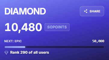 A user profile displays a Diamond tier ranking with 10,480 SO Points, showing progress toward the next Epic tier at 50,000 points and a rank of 290 among all users, which the poster humorously notes is barely enough to qualify for a potential tiered SoDEX airdrop distribution.