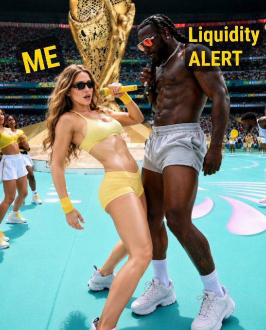 A humorous meme image set at what appears to be a sports stadium/stage scene, labeling a woman in yellow on the left as 'ME' and a shirtless muscular man on the right as 'LIQUIDITY ALERT'.