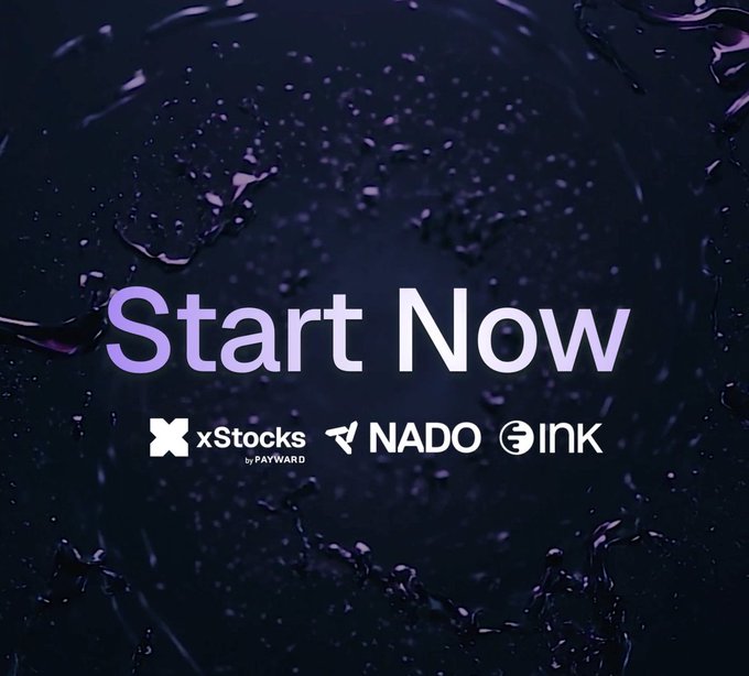 The image features a dark purple, liquid-textured background with the bold text "Start Now" and logos for xStocks by PAYWARD, NADO, and INK. It serves as a call-to-action graphic promoting participation in the newly integrated xStocks/xPoints campaign with Nado.