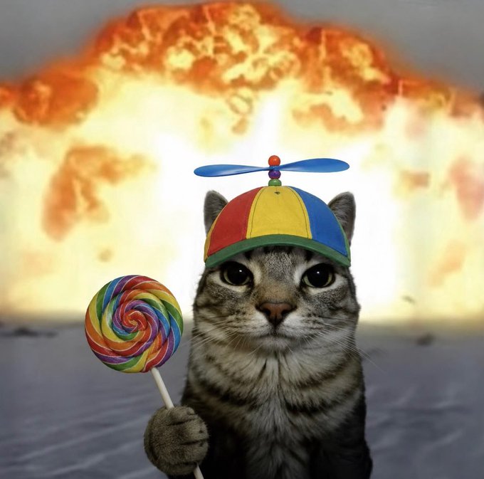 A cat wearing a propeller beanie hat holds a rainbow swirl lollipop against a massive mushroom cloud explosion, capturing an absurdly cheerful "good morning" vibe that contrasts with the apocalyptic backdrop.