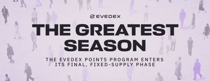 A promotional banner for EVEDEX announcing 'THE GREATEST SEASON' as the EVEDEX Points Program enters its final, fixed-supply phase, with silhouettes of people in the background.