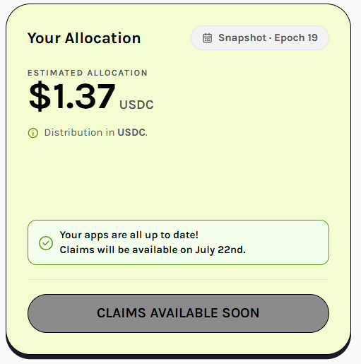 Allocation dashboard showing an estimated $1.37 USDC distribution for Snapshot Epoch 19, with claims available on July 22nd.