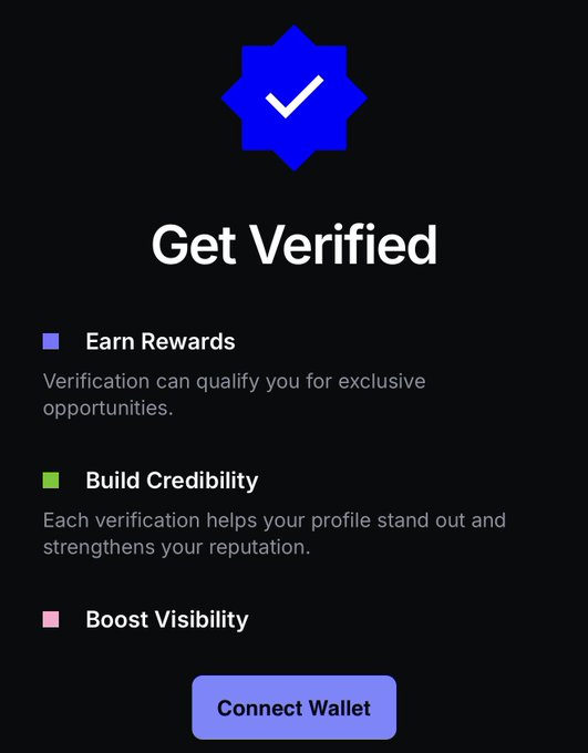 The image shows a "Get Verified" screen with three benefits—Earn Rewards, Build Credibility, and Boost Visibility—and a "Connect Wallet" button, illustrating the Base Verify onboarding step referenced in the post about Base's new identity verification system to combat Sybil farming.