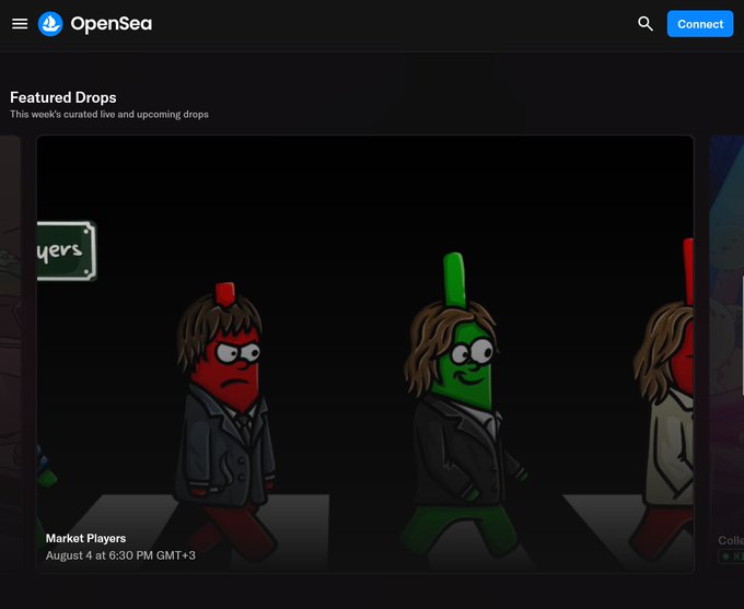 Screenshot of the OpenSea website displaying a 'Featured Drops' section featuring a NFT collection called 'Market Players' with cartoon characters in suits dropping on August 4 at 6:30 PM GMT+3.