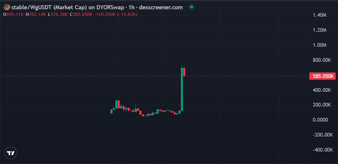 A DexScreener chart showing the WgUSDT trading pair on DYORswap with a market cap spike to $585.05K and a 15.83% decline, likely tied to a meme post by Tether's CEO referencing "stable" — one of the recurring meme images he frequently reuses.