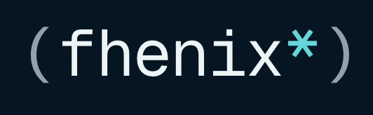 A logo design reading '(fhenix*)' in light gray and cyan text on a dark blue background.